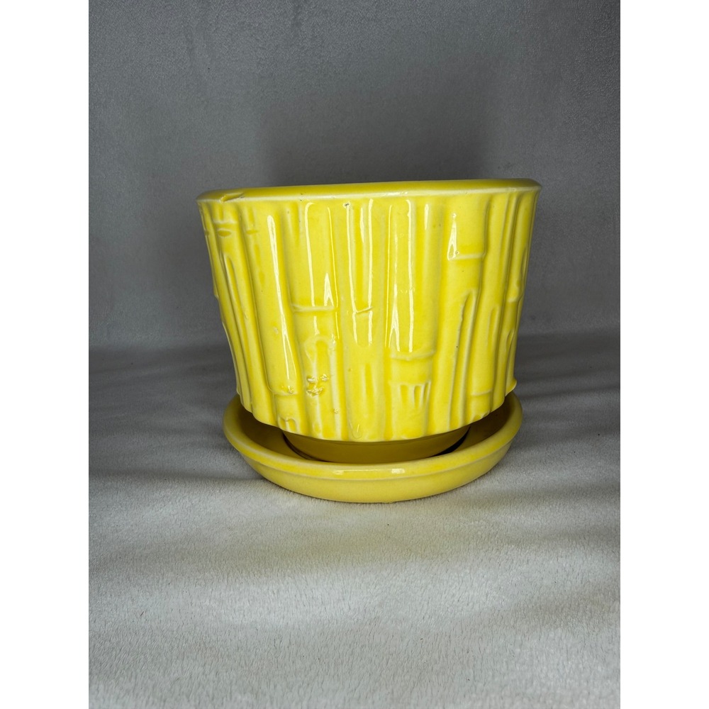 Vintage McCoy Pottery 0373 Yellow Bamboo Planter w Saucer USA 4.5"